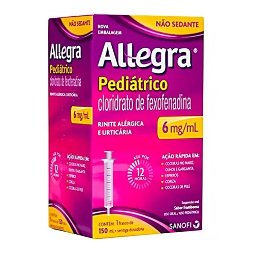 Allegra Pediátrico 6mg/mL, caixa com 1 frasco com 150mL de suspensão de uso oral + seringa dosadora