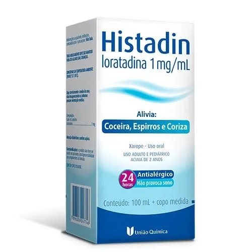 Histadin Xarope 1mg/mL, caixa com 1 frasco com 100mL de xarope