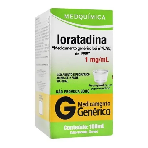 Loratadina Medquímica 1mg/mL, caixa com 1 frasco com 100mL de xarope + copo medidor