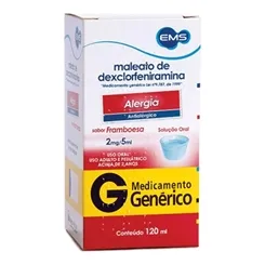Maleato de Dexclorfeniramina Solução Oral EMS 0,4mg/mL, caixa com 1 frasco com 120mL de solução de uso oral + copo dosad