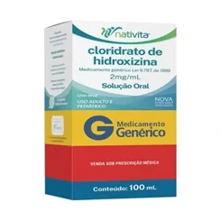 Cloridrato de Hidroxizina Nativita Farmacêutica 2mg/mL, caixa com 1 frasco com 100mL de solução de uso oral + seringa do
