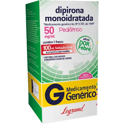 Dipirona Sódica Legrand 50mg/mL, caixa com 1 frasco com 100mL de solução de uso oral + copo medidor