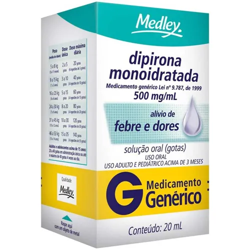 Dipirona Monoidratada Medley 500mg/mL, caixa com 1 frasco gotejador com 20mL de solução oral
