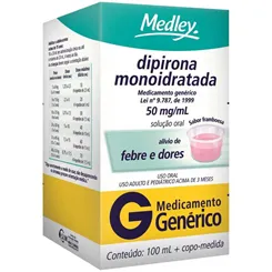 Dipirona Monoidratada Medley 50mg/mL, caixa com 1 frasco com 100mL de solução de uso oral + 1 copo medidor