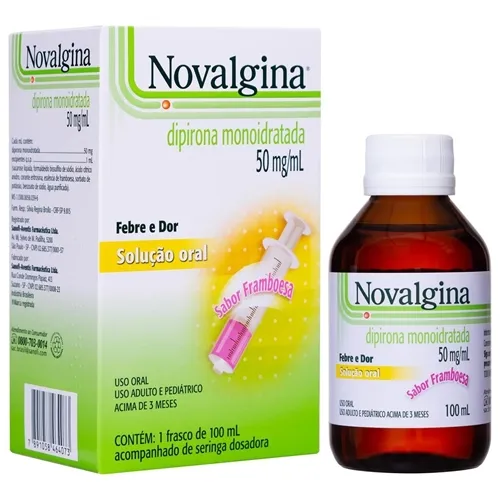 Novalgina Solução Oral 50mg/mL, caixa com 1 frasco com 100mL de solução de uso oral + seringa dosadora