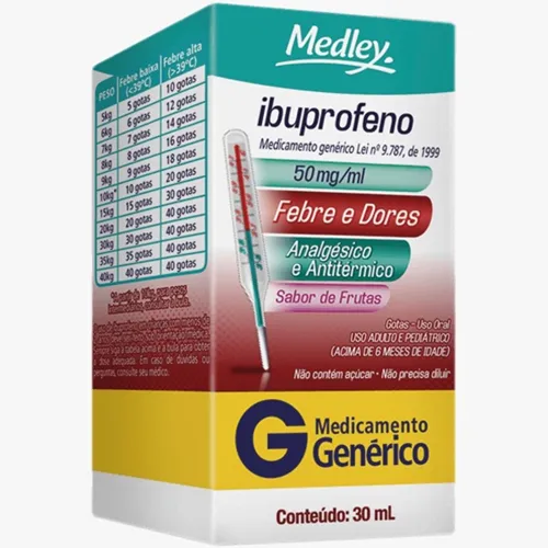 Ibuprofeno Gotas Medley 50mg/mL, caixa com 1 frasco gotejador com 30mL de suspensão de uso oral