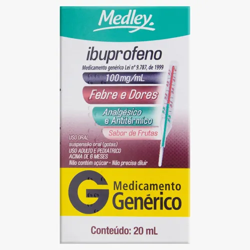 Ibuprofeno Gotas Medley 100mg/mL, caixa contendo 1 frasco gotejador com 20mL de suspensão de uso oral