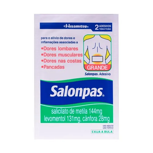 Salonpas Adesivo 144mg + 131mg + 28,4mg, envelope com 2 adesivos transdérmicos de 13cm x 8,4cm