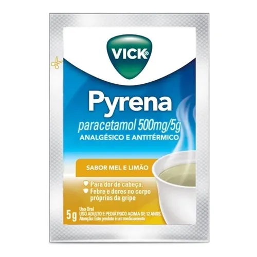 Vick Pyrena 500mg, 5 envelopes 5g, sabor mel e limão