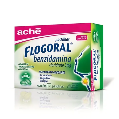 Flogoral Pastilha 3mg, caixa com 12 pastilhas, menta
