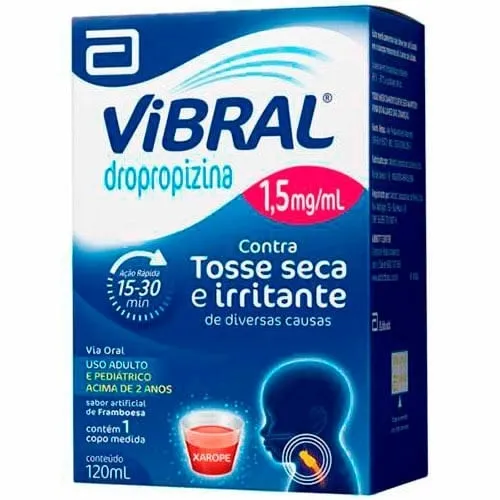 Vibral 1,5mg/mL, caixa contendo 1 frasco com 120mL de xarope infantil + 1 copo medidor