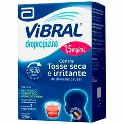Vibral 1,5mg/mL, caixa contendo 1 frasco com 120mL de xarope infantil + 1 copo medidor