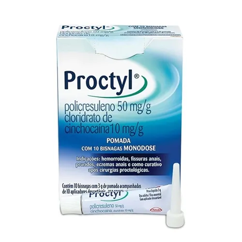 Proctyl 50mg/g + 10mg/g, caixa com 10 bisnagas com 3g de pomada de uso retal + 10 aplicadores