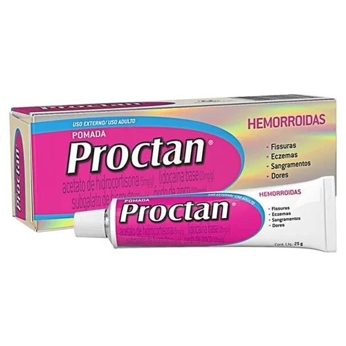 Proctan 5mg/g + 20mg/g + 20mg/g + 100mg/g, caixa com 1 bisnaga com 25g de pomada de uso retal