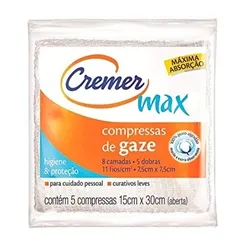 Compressa de Gaze Cremer 7,5cm x 7,5cm Hidrófila Não Estéril 8 Camadas 5 Dobras Envelope com 5 Unidades