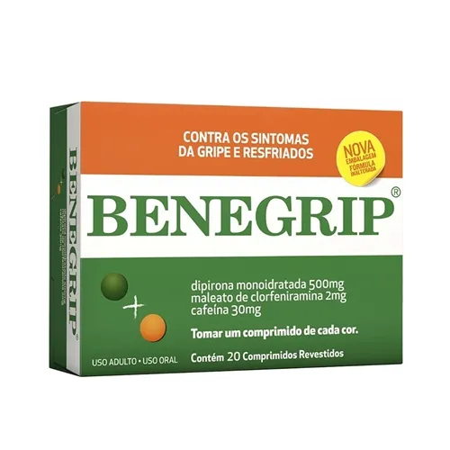 Benegrip 500mg + 30mg + 2mg, caixa com 20 comprimidos revestidos