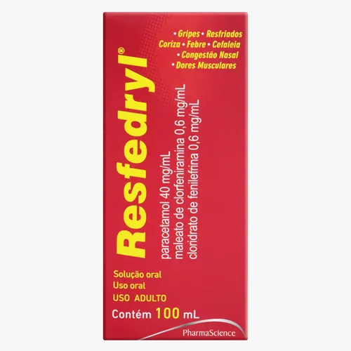 Resfedryl 40mg/mL + 0,6mg/mL + 0,6mg/mL, caixa com 1 frasco com 100mL de solução de uso oral
