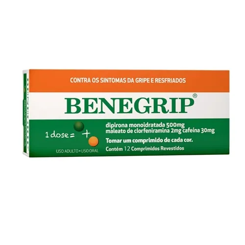 Benegrip 500mg + 30mg + 2mg, caixa com 12 comprimidos revestidos