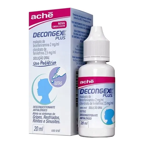 Decongex Plus 2mg/mL + 2,5mg/mL, caixa contendo 1 frasco gotejador com 20mL de solução de uso oral