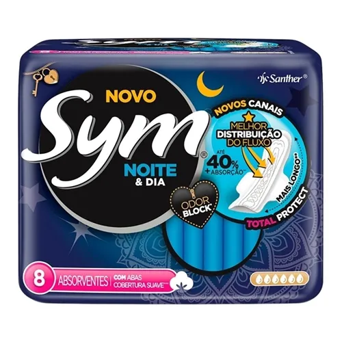 Absorvente Sym Noite e Dia suave, com abas, 8 unidades