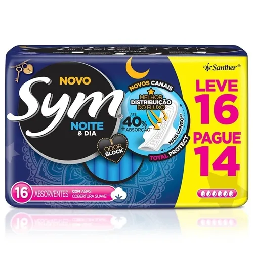 Absorvente Sym Noite e Dia Total Protect suave, com abas, leve 16 e pague 14
