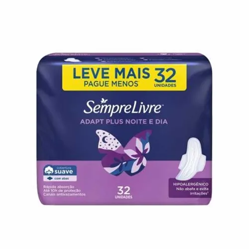 Absorvente Sempre Livre Noturno suave, com abas, leve 32 pague 24