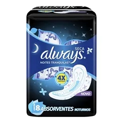 Absorvente Always Noites Tranquilas seca, com abas, 8 unidades