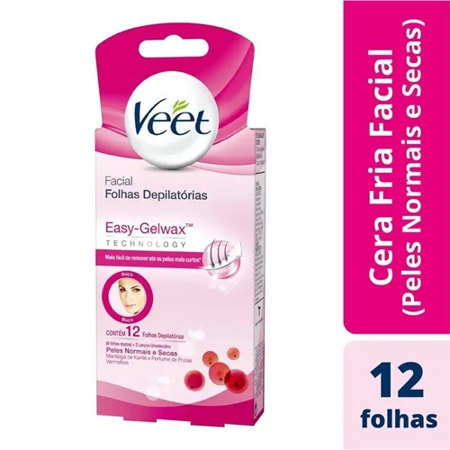Folhas Depilatórias Veet Peles Normais e Secas facial, 12 unidades + lenços umedecidos, 2 unidades