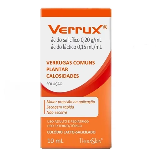 Verrux 165mg/mL + 145mg/mL, caixa com 1 frasco com 10mL de solução de uso dermatológico + aplicador