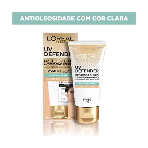 Protetor Solar Facial L'Oréal Paris UV Defender Antioleosidade Cor Clara FPS 60, 40g