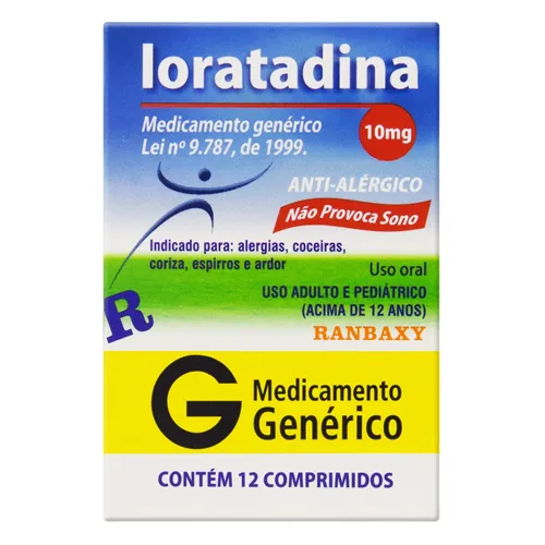 Loratadina Ranbaxy 10mg, caixa com 12 comprimidos