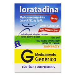 Loratadina Ranbaxy 10mg, caixa com 12 comprimidos