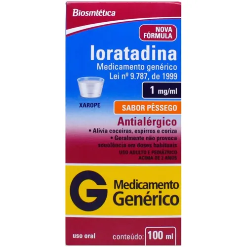 Loratadina Xarope Biosintética 1mg/mL, caixa com 1 frasco com 100mL de xarope + 1 copo medidor