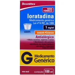Loratadina Xarope Biosintética 1mg/mL, caixa com 1 frasco com 100mL de xarope + 1 copo medidor