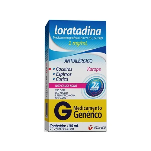 Loratadina Laboratório Globo 1mg/mL, caixa com 1 frasco com 100mL de xarope + copo medidor