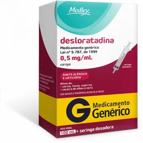 Desloratadina Medley 0,5mg/mL, caixa com 1 frasco com 100mL de xarope + 1 seringa dosadora