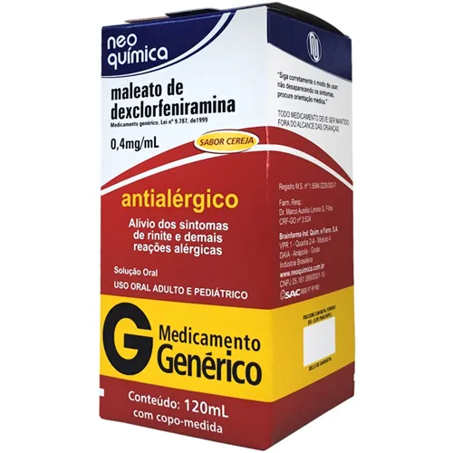 Maleato de Dexclorfeniramina Neo Química 2mg/5mL, caixa com 1 frasco com 120mL de solução de uso oral