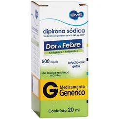 Dipirona Monoidratada Gotas EMS 500mg/mL, caixa com 1 frasco gotejador com 20mL de solução de uso oral