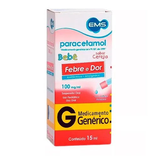 Paracetamol EMS 100mg/mL, caixa com 1 frasco com 15mL de suspensão oral + seringa dosadora