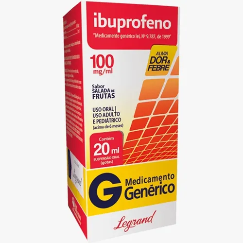 Ibuprofeno Legrand 100mg/mL, caixa com 1 frasco com 20mL de suspensão de uso oral + conta gotas