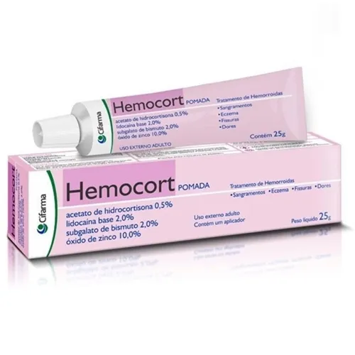 Hemocort 0,5% + 2% + 2% + 10%, bisnaga com 25g de pomada de uso retal