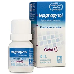 Magnopyrol 500mg/mL, caixa com 1 frasco gotejador com 10mL de solução de uso oral