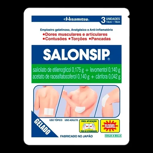 Salonsip 12,5mg/g + 10mg/g + 3,0mg/g + 10mg/g, caixa com 3 emplastros
