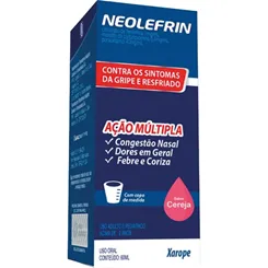 Neolefrin Xarope 40mg/mL + 1mg/mL + 0,4mg/mL, caixa com 1 frasco com 60mL de xarope + copo medidor