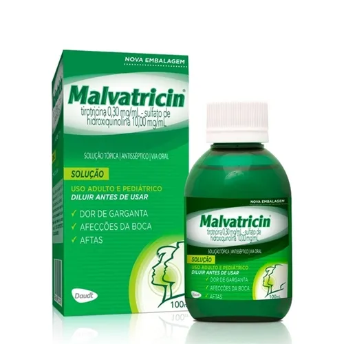 Malvatricin 0,3mg/mL + 10mg/mL, caixa com 1 frasco com 100mL de solução de uso oral