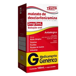 Maleato de Dexclorfeniramina Solução Oral Teuto 0,4mg/mL, caixa com 1 frasco com 100mL de solução de uso oral + copo med