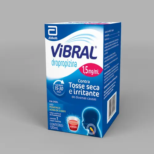 Vibral 1,5mg/mL, caixa contendo 1 frasco com 120mL de xarope infantil + 1 copo medidor