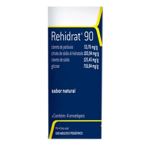 Rehidrat 90 53,76mg/g + 103,94mg/g + 125,45mg/g + 716,84mg/g, caixa com 4 envelopes com 13,95g de pó para solução de uso