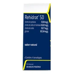 Rehidrat 50 50,84mg/g + 66,82mg/g + 59,77mg/g + 822,64mg/g, caixa com 4 envelopes com 7,340g de pó para solução de uso o