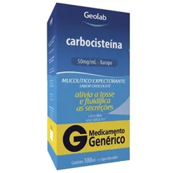 Carbocisteína Geolab 50mg/mL, caixa com 1 frasco com 100mL de xarope + copo medidor